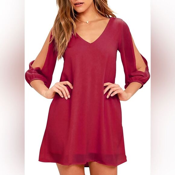 Shy Velvet Chiffon V-Neck Cold Shoulder Sleeve Midi Shift Dress Red‎ Large NWT! - Picture 1 of 7